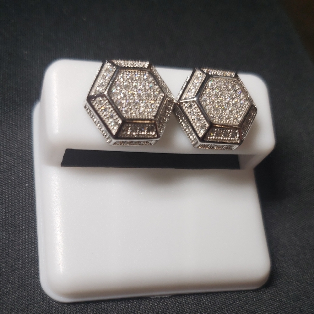 Hexagon Pave Crystal Stud Earrings - 925 Sterling Silver